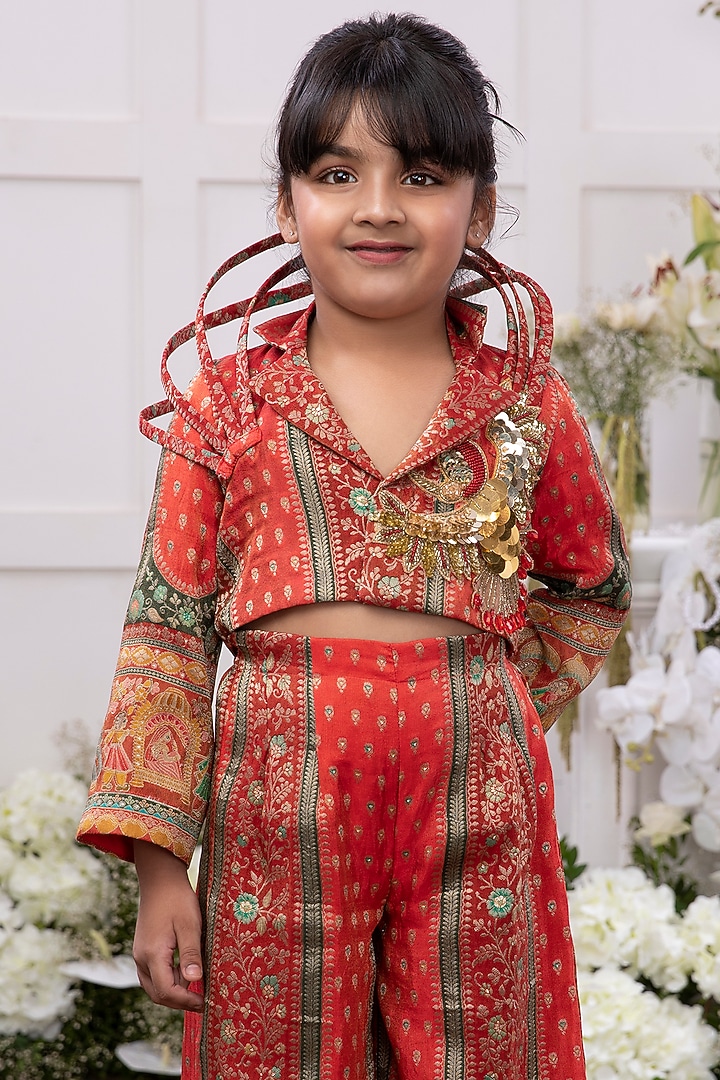 Red Silk Embroidered Co-Ord Set For Girls by TAMASHA at Pernia's Pop Up Shop