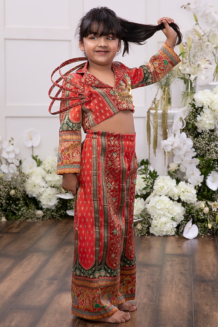 Red Silk Embroidered Co-Ord Set For Girls by TAMASHA at Pernia's Pop Up Shop