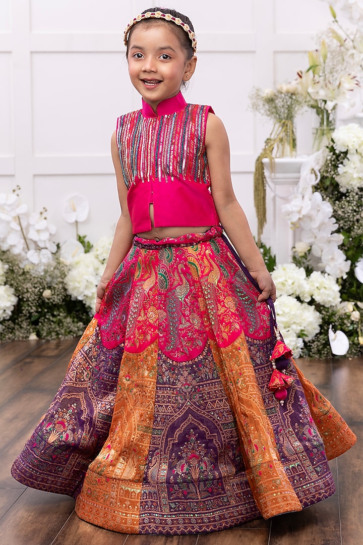 Multi-Colored Silk Embroidered Lehenga Set For Girls by Tinsel Kids at Pernia's Pop Up Shop