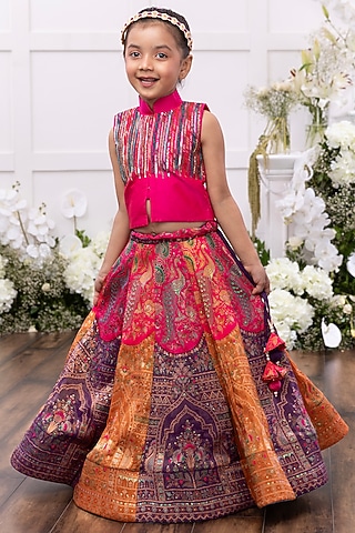 Multi-Colored Silk Embroidered Lehenga Set For Girls by Tinsel Kids