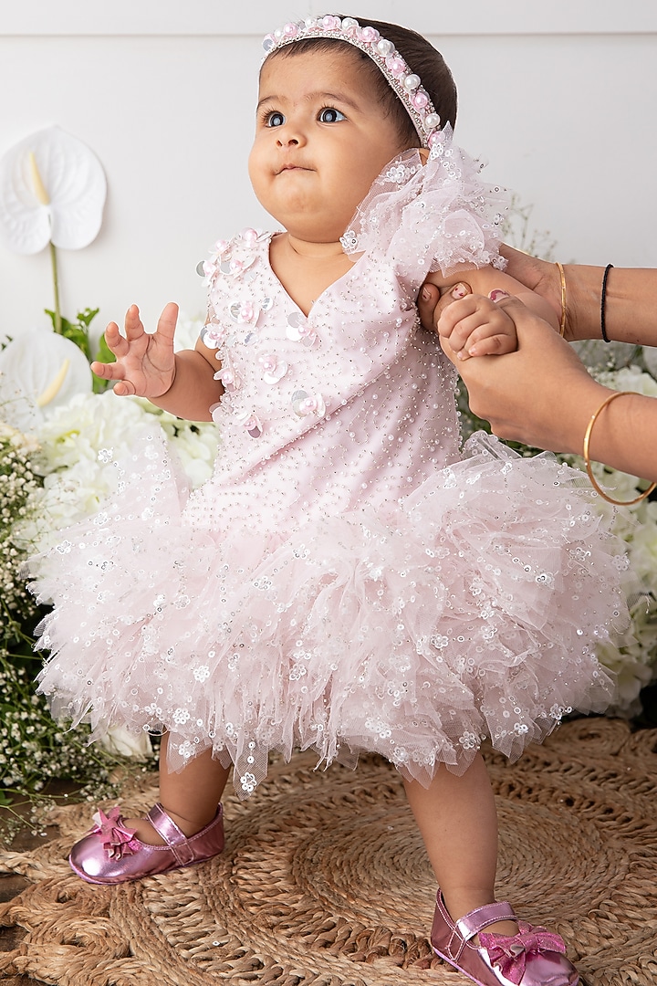 Blush Pink Net Embellished Dress For Girls by Tinsel Kids at Pernia's Pop Up Shop