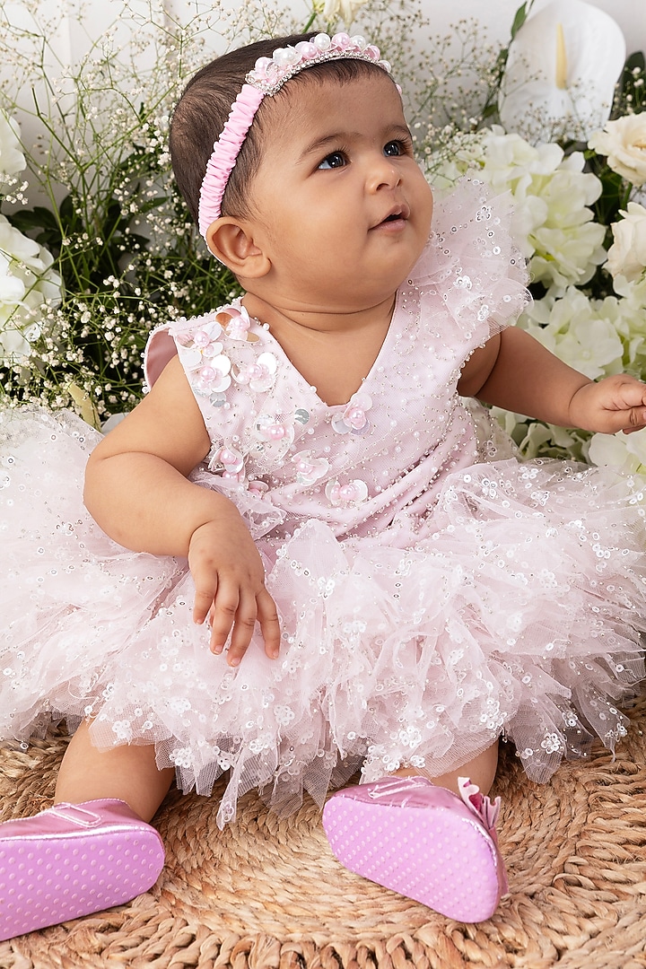 Blush Pink Net Embellished Dress For Girls by TAMASHA at Pernia's Pop Up Shop