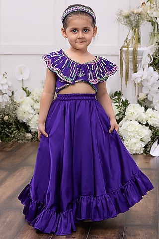 Royal Blue Silk Lehenga Set For Girls by Tinsel Kids