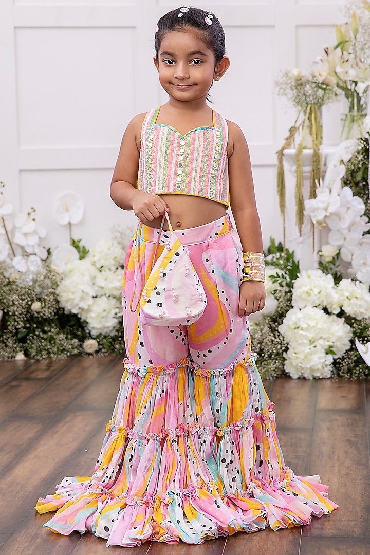 Pink Georgette Printed & Embroidered Sharara Set For Girls by Tinsel Kids at Pernia's Pop Up Shop