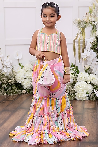 Pink Georgette Printed & Embroidered Sharara Set For Girls by TAMASHA