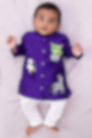 Deep Purple Silk Printed & Embroidered Kurta Set For Boys by Tinsel Kids at Pernia's Pop Up Shop