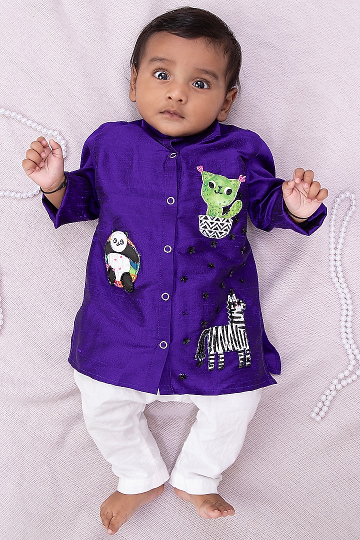 Deep Purple Silk Printed & Embroidered Kurta Set For Boys by Tinsel Kids at Pernia's Pop Up Shop