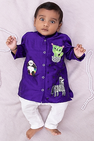 Deep Purple Silk Printed & Embroidered Kurta Set For Boys by TAMASHA