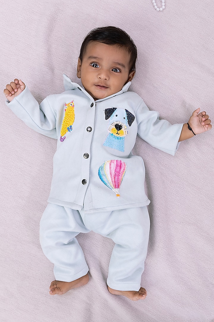 Light Blue Silk Printed & Embroidered Kurta Set For Boys by Tinsel Kids at Pernia's Pop Up Shop