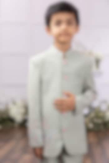 Mint Silk Embroidered Bandhgala Set For Boys by Tinsel Kids at Pernia's Pop Up Shop