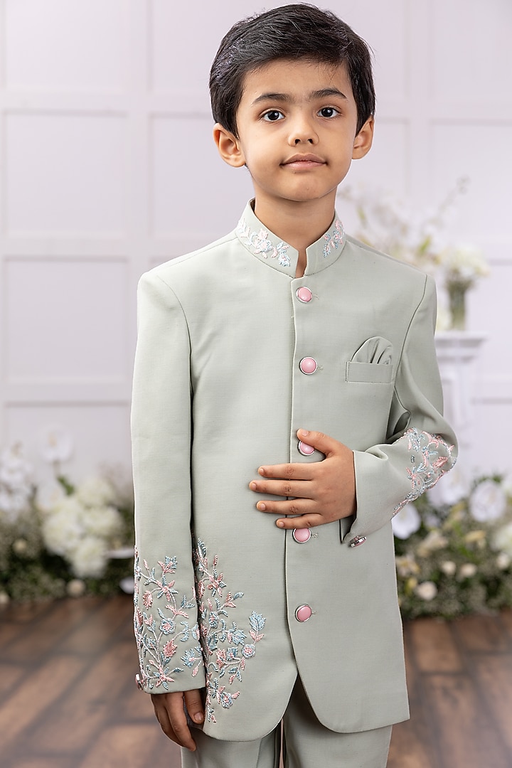 Mint Silk Embroidered Bandhgala Set For Boys by Tinsel Kids at Pernia's Pop Up Shop