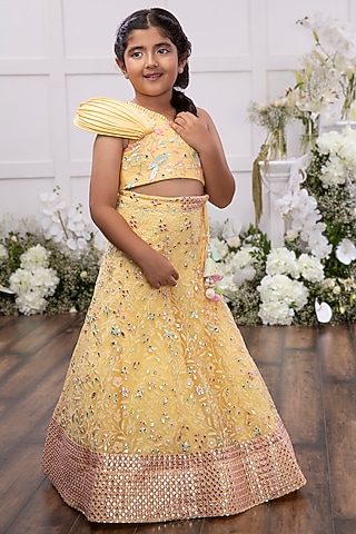 Yellow Net Embroidered Lehenga Set For Girls by Tinsel Kids