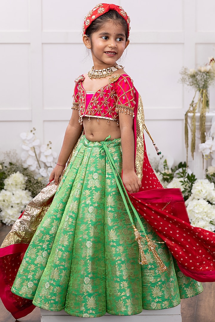 Green Banarasi Silk Embroidered Lehenga Set For Girls by Tinsel Kids at Pernia's Pop Up Shop