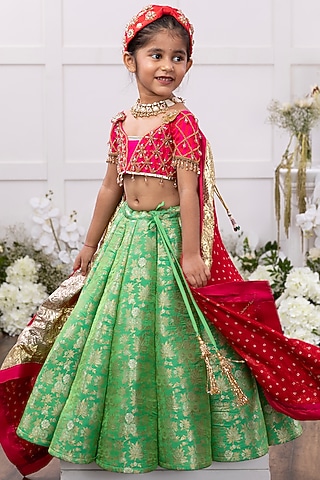 Green Banarasi Silk Embroidered Lehenga Set For Girls by Tinsel Kids