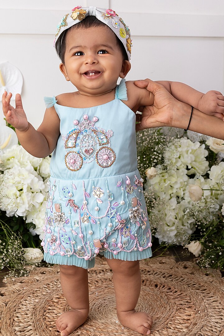 Pastel Blue Silk Embellished Romper For Girls by Tinsel Kids at Pernia's Pop Up Shop