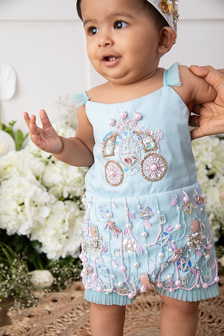 Pastel Blue Silk Embellished Romper For Girls by TAMASHA at Pernia's Pop Up Shop