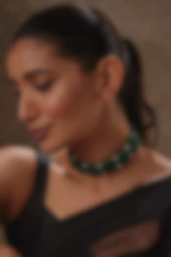 White Rhodium Finish Emerald & Sapphire Beaded Choker Necklace by Tanzila Rab