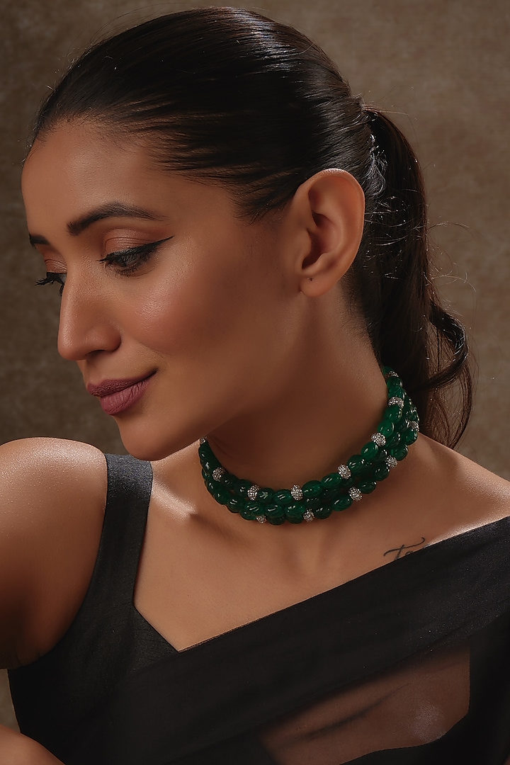White Rhodium Finish Emerald & Sapphire Beaded Choker Necklace by Tanzila Rab