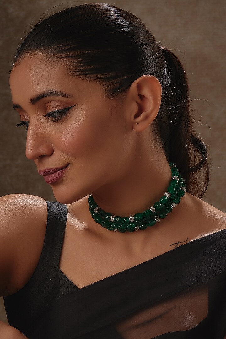 White Rhodium Finish Emerald & Sapphire Beaded Choker Necklace by Tanzila Rab