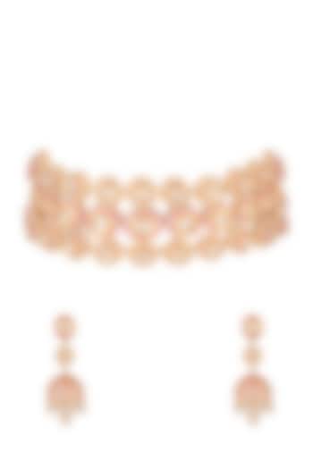 Gold Finish Pink Meenakari Choker Necklace Set by Tanzila Rab