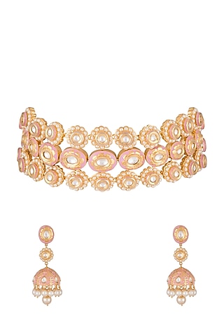 Gold Finish Pink Meenakari Choker Necklace Set by Tanzila Rab