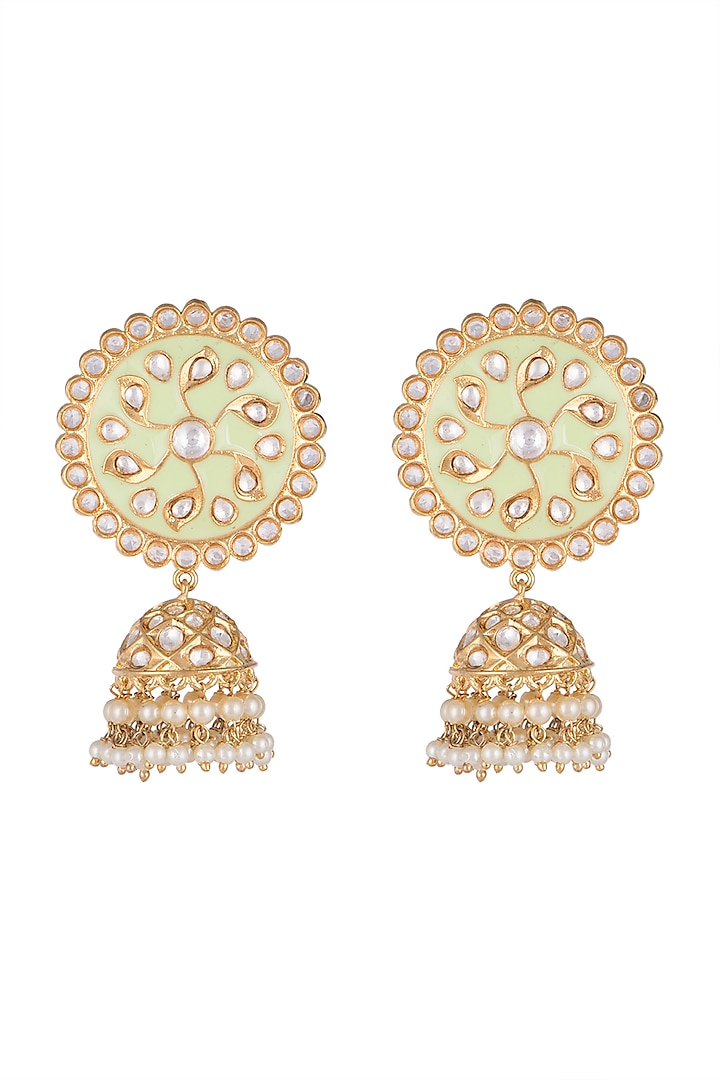 Gold Finish Shell Pearls & Kundan Mint Green Meenakari Earrings by Tanzila Rab