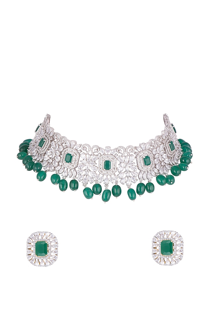 Gold Plated Emerald Necklace Set by Tanzila Rab