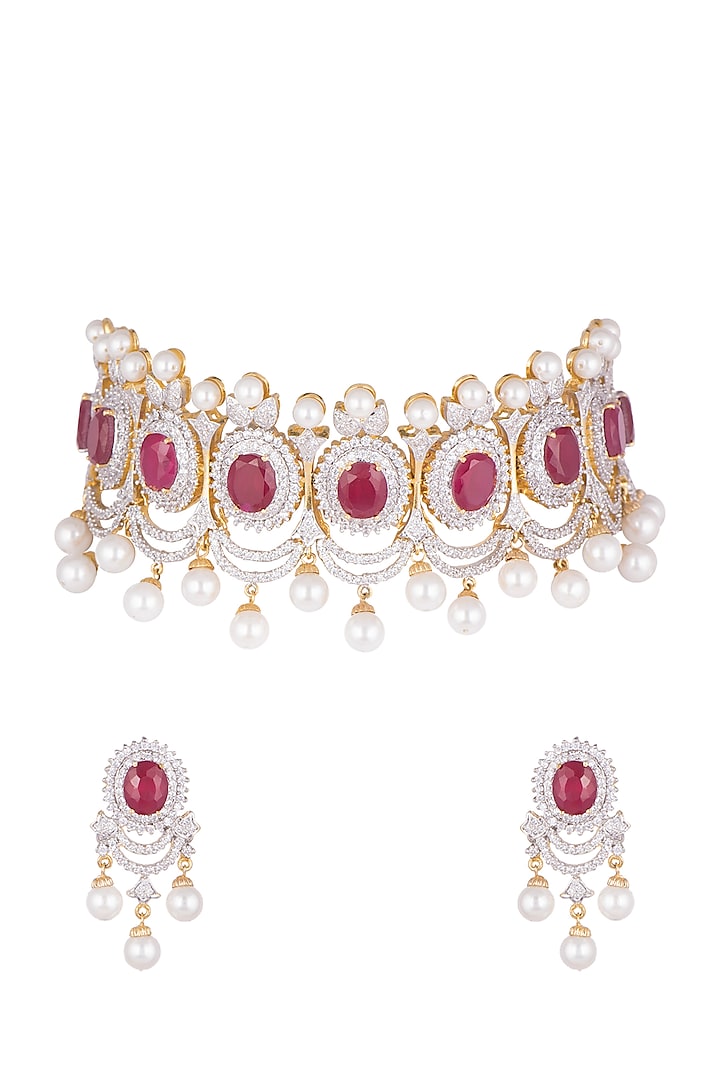 Gold Plated Ruby Choker Necklace Set by Tanzila Rab