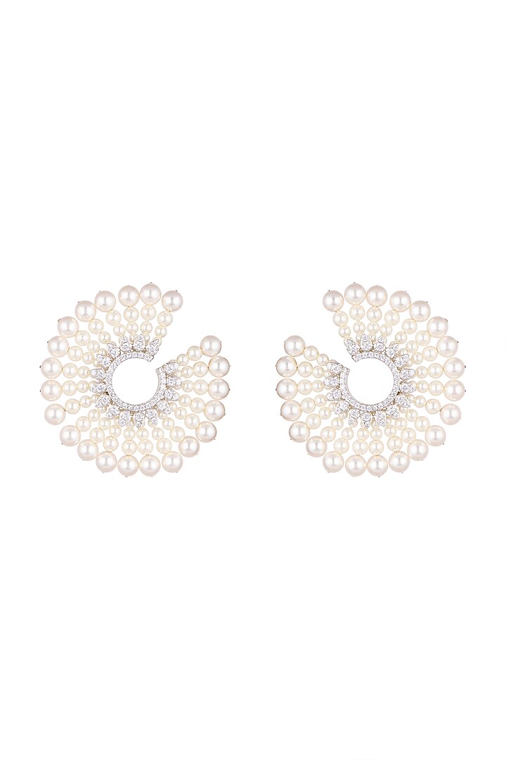 White Finish Pearls Starburst Earrings by Tanzila Rab