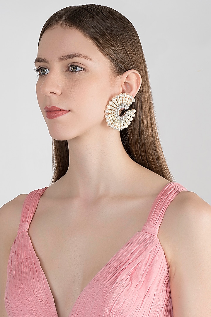 White Finish Pearls Starburst Earrings by Tanzila Rab at Pernia's Pop Up Shop
