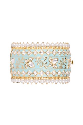 Gold Plated Meenakari Kundan & Pearls Openable Cuff by Tanzila Rab
