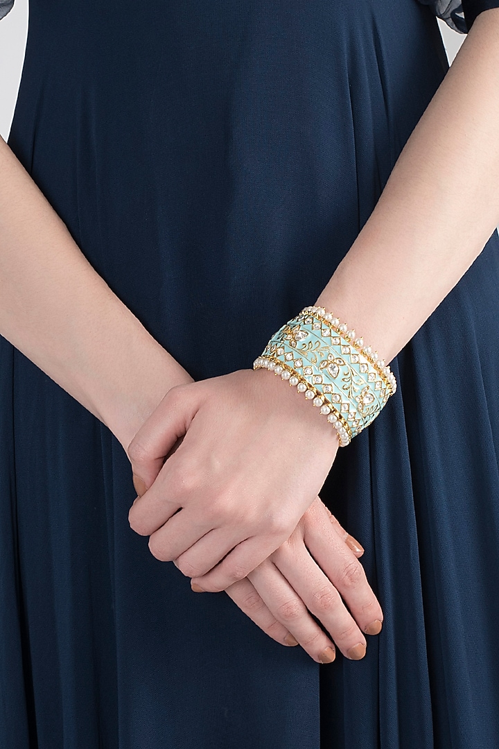 Gold Plated Meenakari Kundan & Pearls Openable Cuff by Tanzila Rab at Pernia's Pop Up Shop