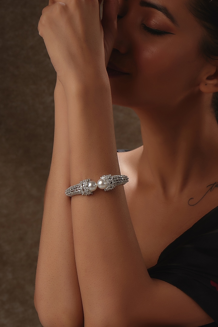 White Rhodium Finish Pearl & Sapphire Openable Bracelet In Sterling Silver by Tanzila Rab