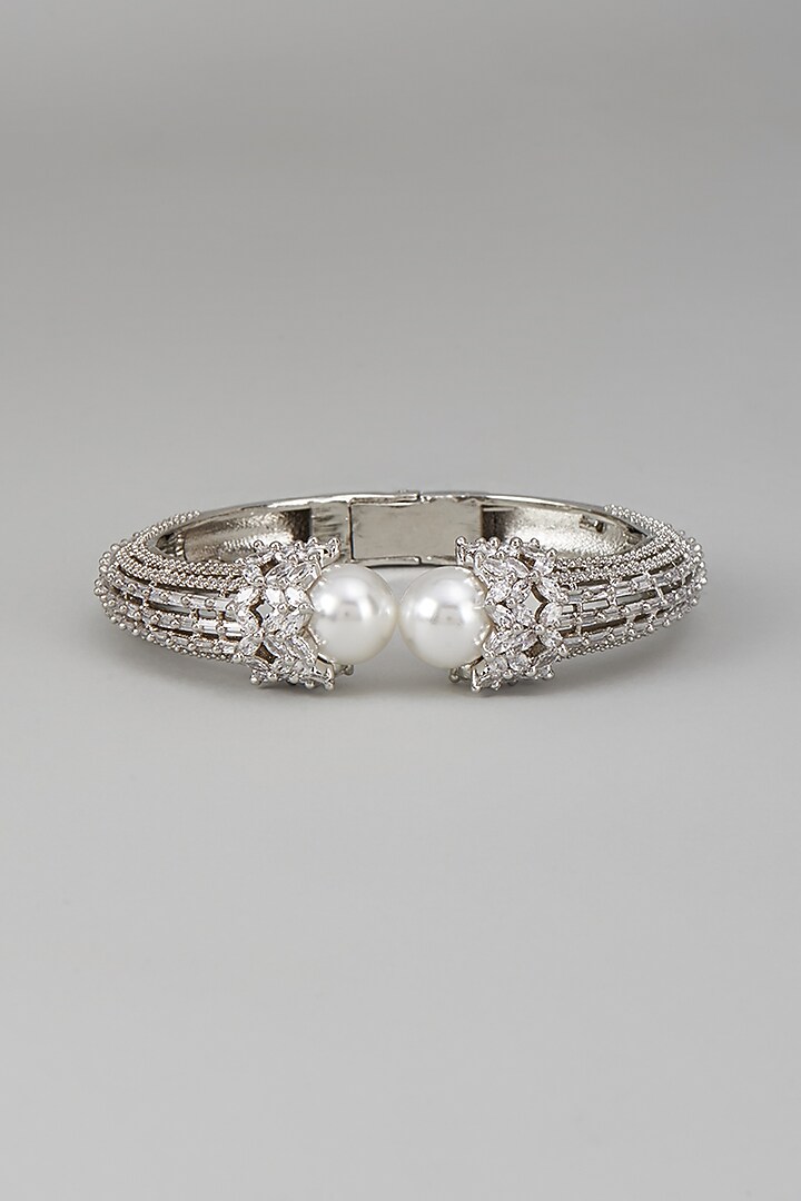 White Rhodium Finish Pearl & Sapphire Openable Bracelet In Sterling Silver by Tanzila Rab at Pernia's Pop Up Shop