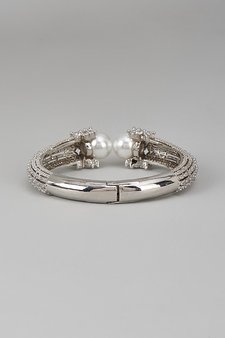 White Rhodium Finish Pearl & Sapphire Openable Bracelet In Sterling Silver by Tanzila Rab at Pernia's Pop Up Shop