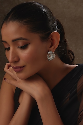 White Rhodium Finish Baroque Pearl & Sapphire Stud Earrings In Sterling Silver by Tanzila Rab