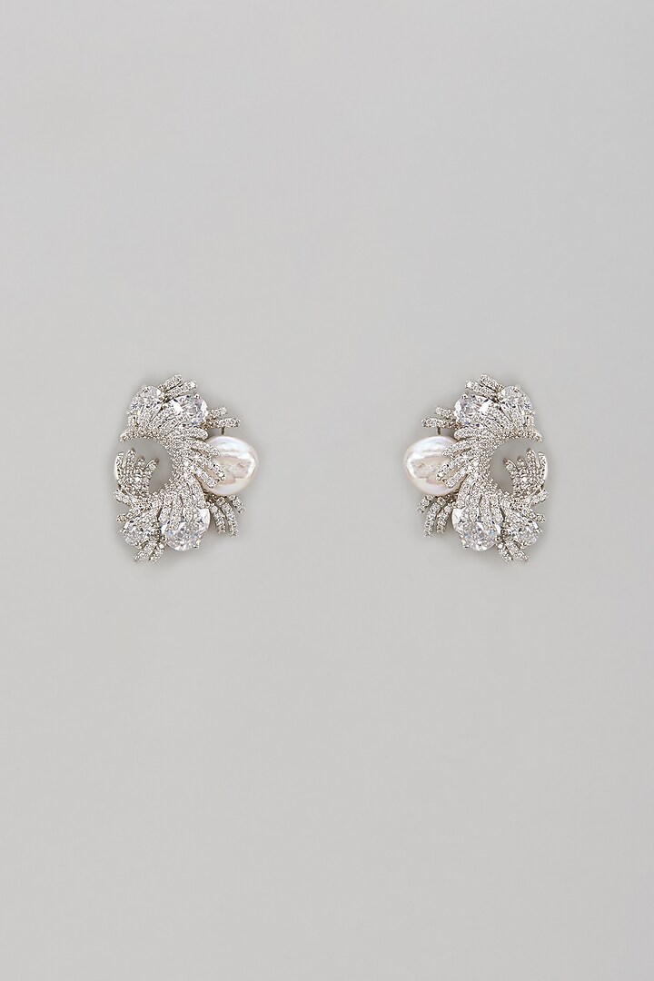 White Rhodium Finish Baroque Pearl & Sapphire Stud Earrings In Sterling Silver by Tanzila Rab at Pernia's Pop Up Shop