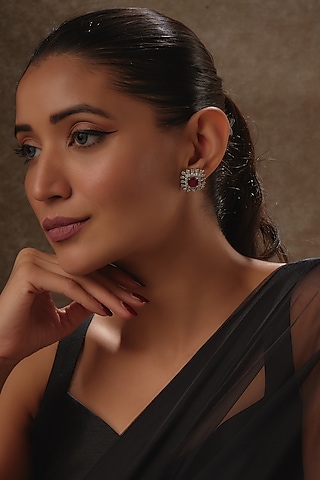 White Rhodium Finish Ruby & Diamond Stud Earrings In Sterling Silver by Tanzila Rab
