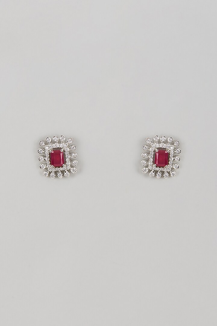White Rhodium Finish Ruby & Diamond Stud Earrings In Sterling Silver by Tanzila Rab at Pernia's Pop Up Shop