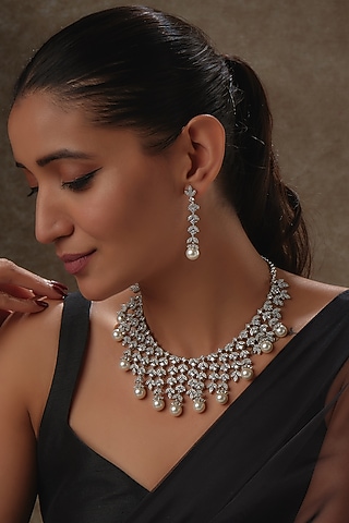 White Rhodium Finish Shell Pearl & Sapphire Necklace Set In Sterling Silver by Tanzila Rab