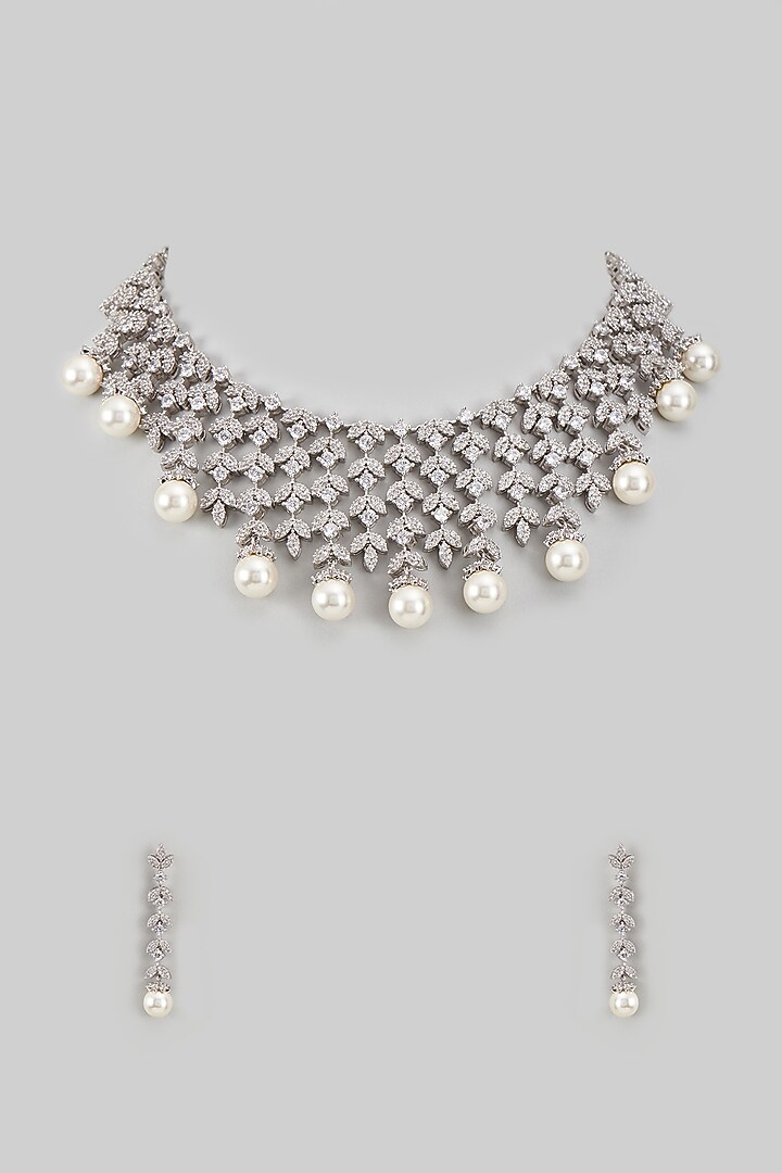 White Rhodium Finish Shell Pearl & Sapphire Necklace Set In Sterling Silver by Tanzila Rab at Pernia's Pop Up Shop