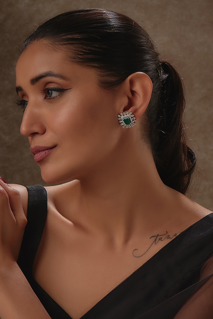 White Rhodium Finish Emerald & Diamond Stud Earrings In Sterling Silver by Tanzila Rab