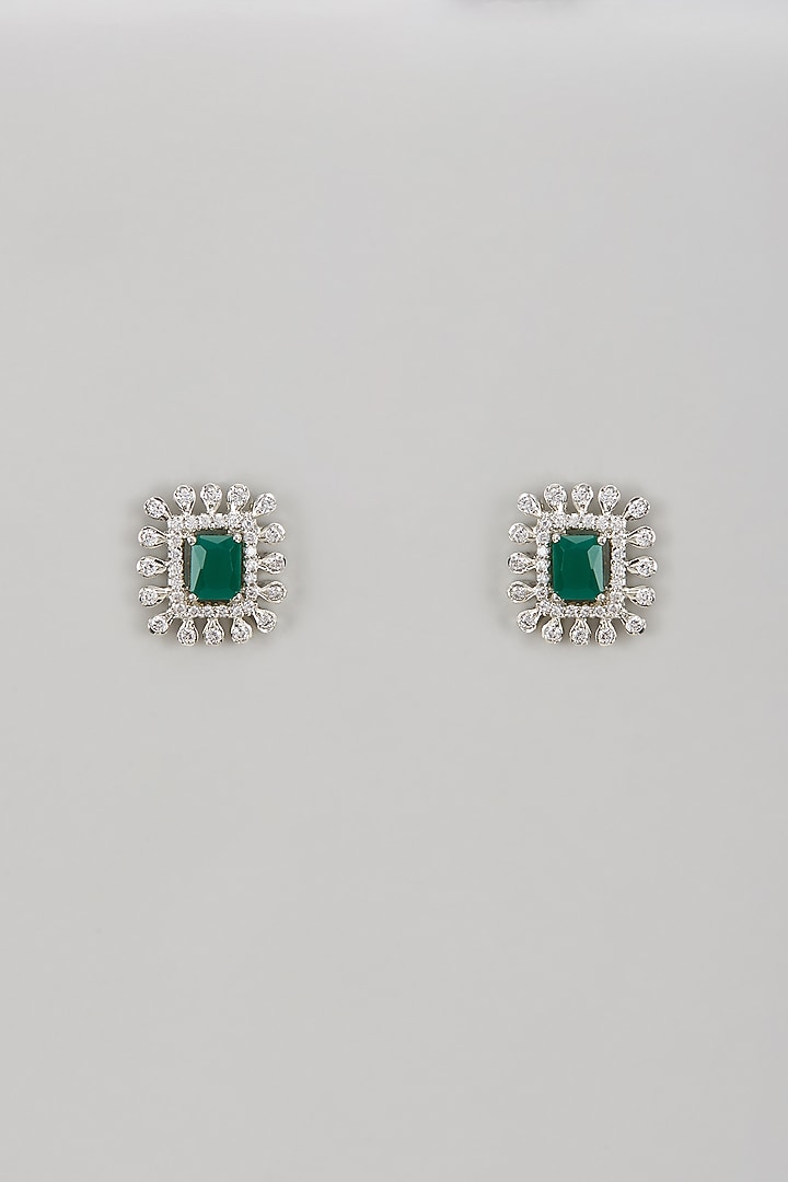 White Rhodium Finish Emerald & Diamond Stud Earrings In Sterling Silver by Tanzila Rab at Pernia's Pop Up Shop