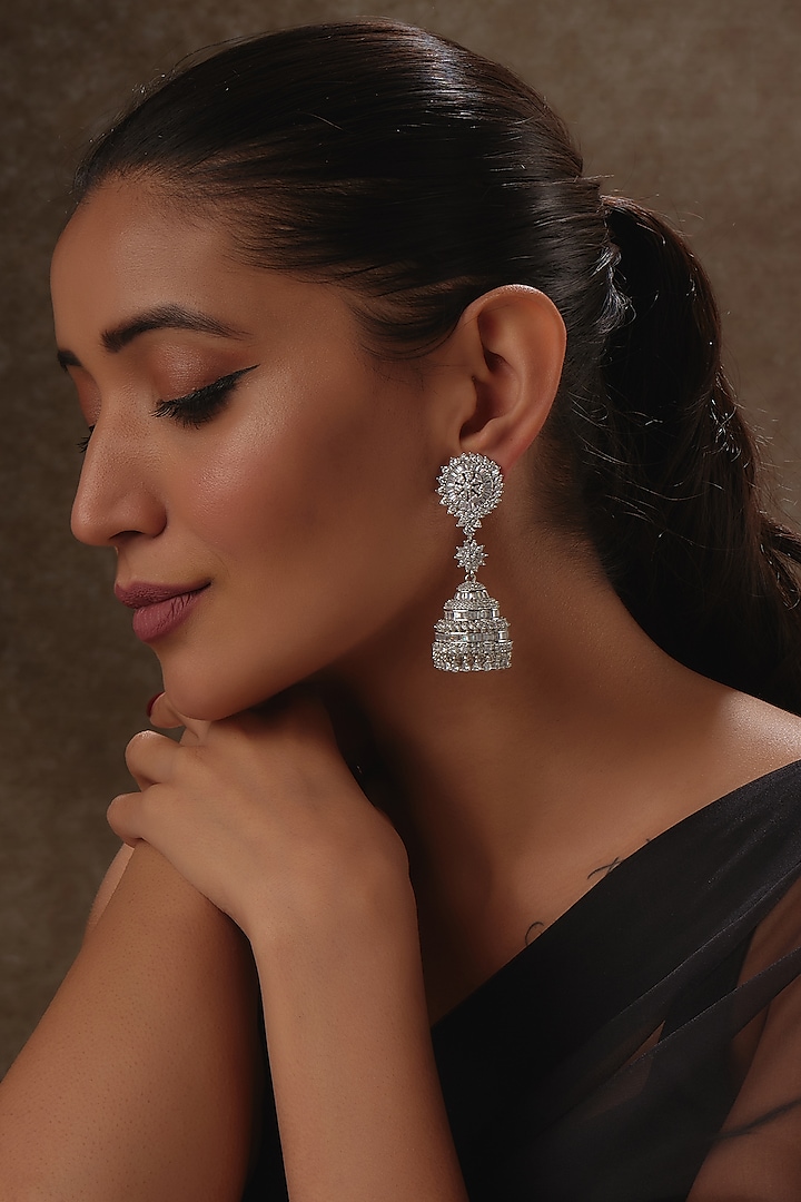 White Rhodium Finish Sapphire Jhumka Earrings In Sterling Silver by Tanzila Rab