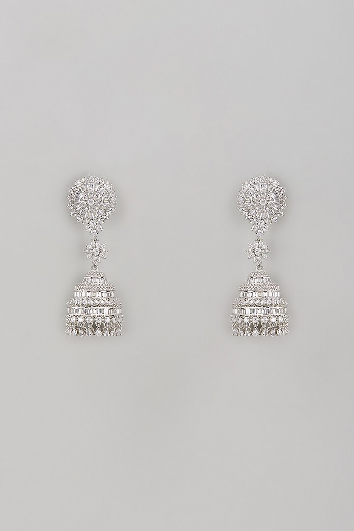 White Rhodium Finish Sapphire Jhumka Earrings In Sterling Silver by Tanzila Rab at Pernia's Pop Up Shop