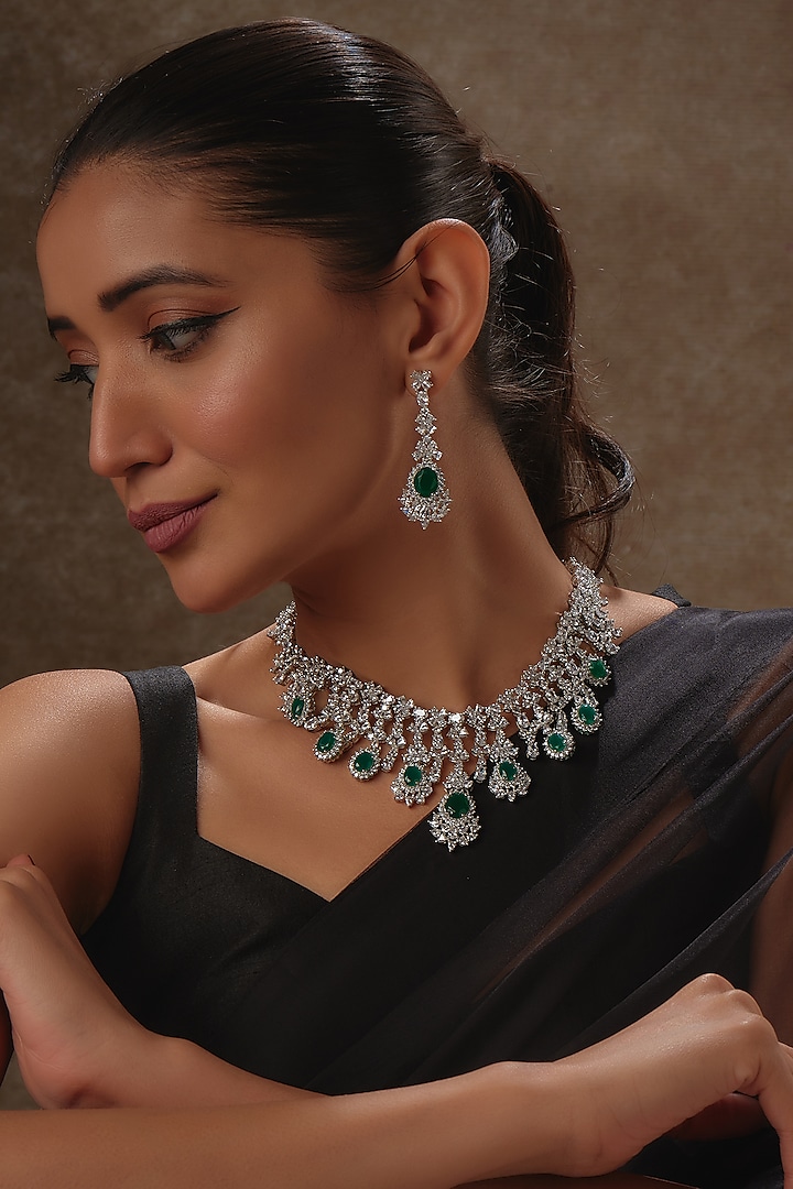 White Rhodium Finish Emerald & Sapphire Long Necklace Set In Sterling Silver by Tanzila Rab