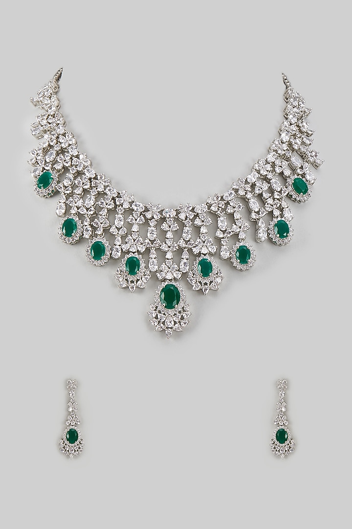 White Rhodium Finish Emerald & Sapphire Long Necklace Set In Sterling Silver by Tanzila Rab at Pernia's Pop Up Shop