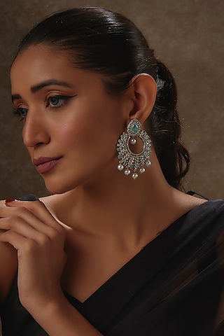White Rhodium Finish Aqua Stone & Sapphire Chandbali Earrings In Sterling Silver by Tanzila Rab