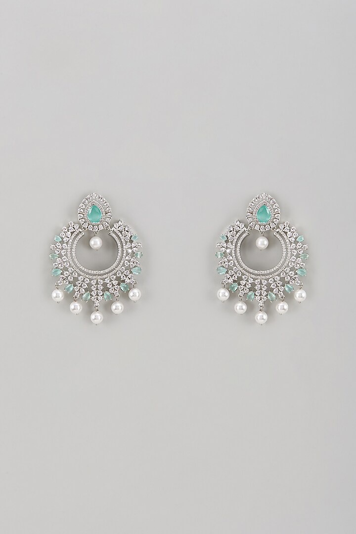 White Rhodium Finish Aqua Stone & Sapphire Chandbali Earrings In Sterling Silver by Tanzila Rab at Pernia's Pop Up Shop