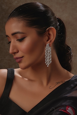 White Rhodium Finish Sapphire Dangler Earrings In Sterling Silver by Tanzila Rab